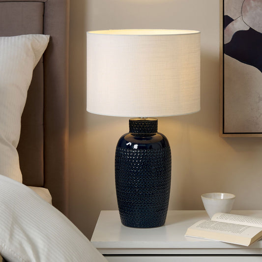 Navy Ceramic Table Lamp 53cm White Drum Shade Handmade