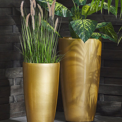 Indoor Outdoor Plant Pots Set Of 2 Gold High Gloss 32cm Tall Round Modern Design
