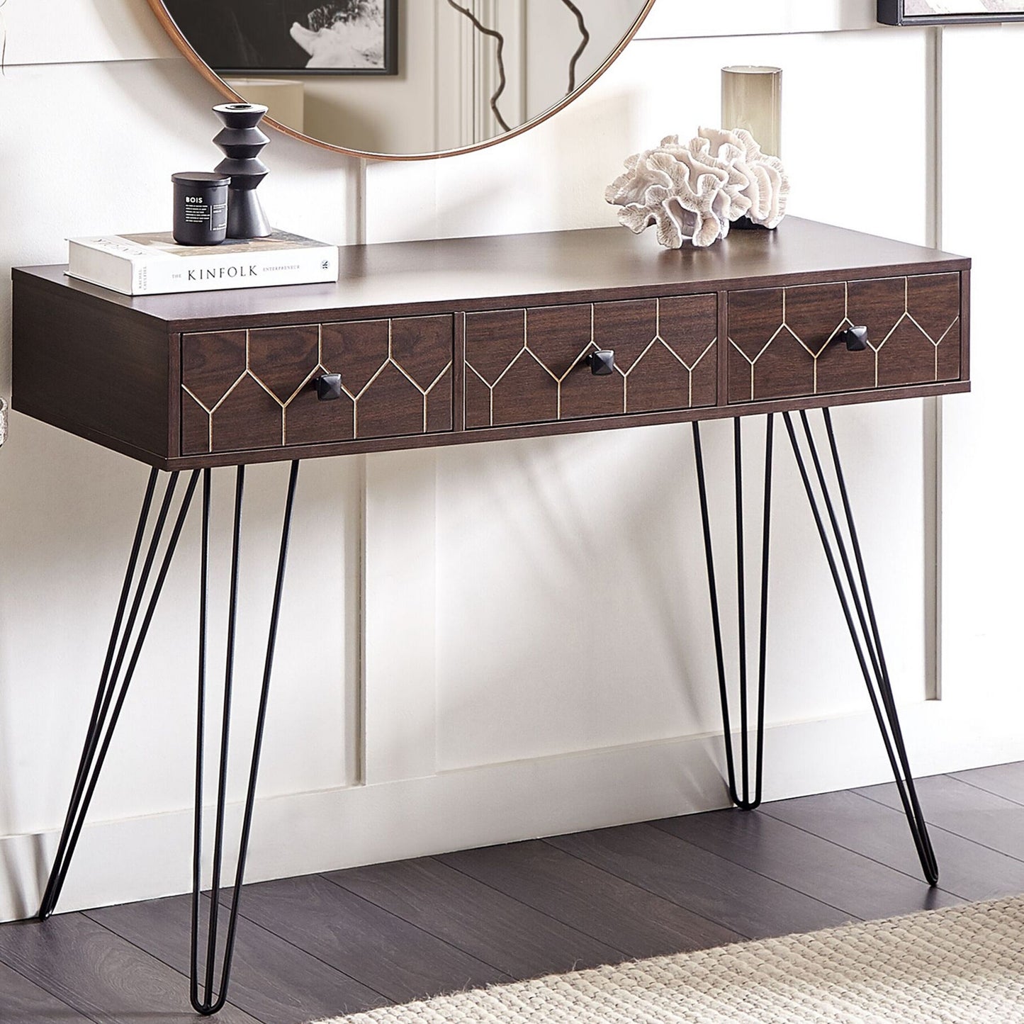 Console Sideboard 3 Drawer Dark Brown Top Black Frame 110 x 39