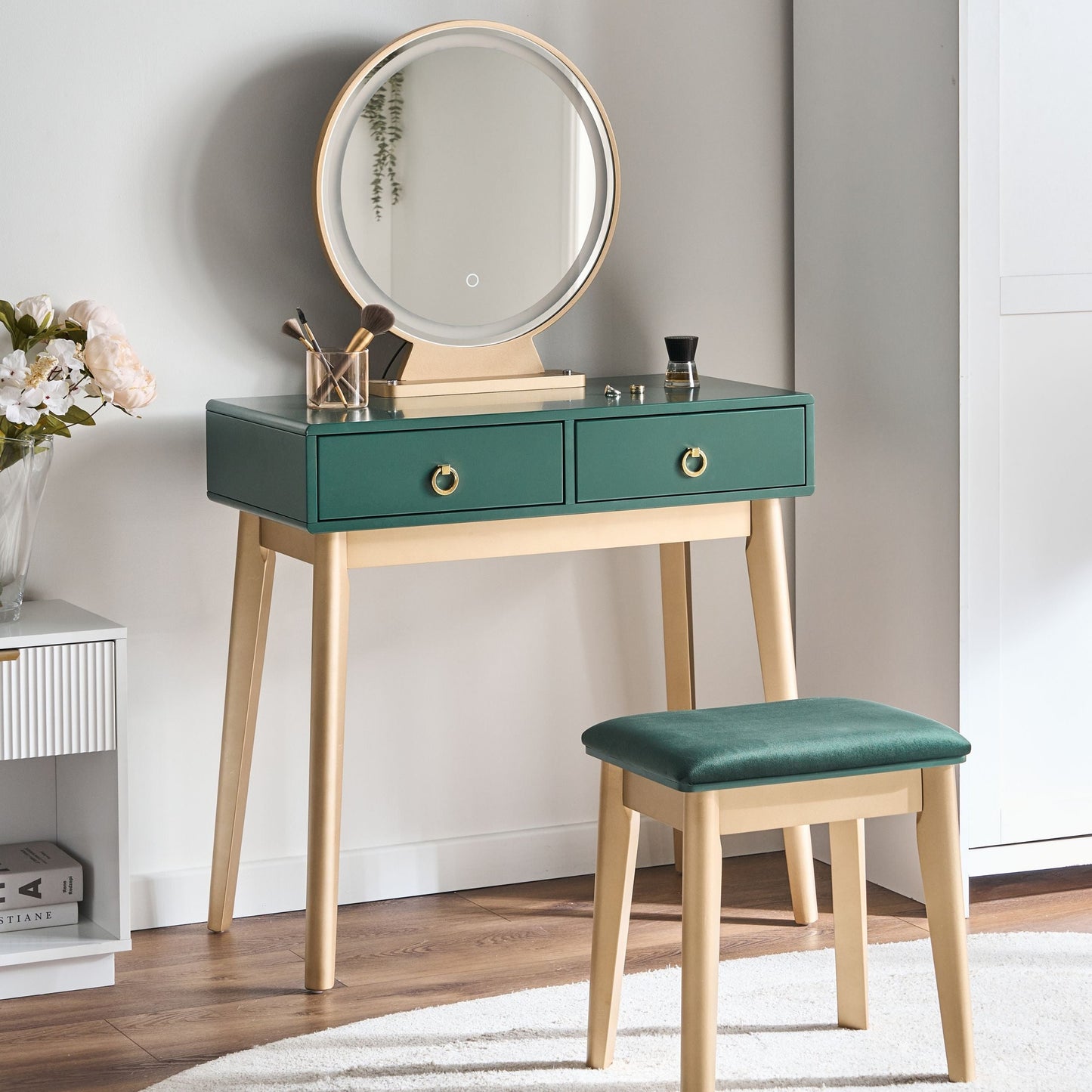 Glamour Dressing Table Green Gold LED Mirror 4 Drawers
