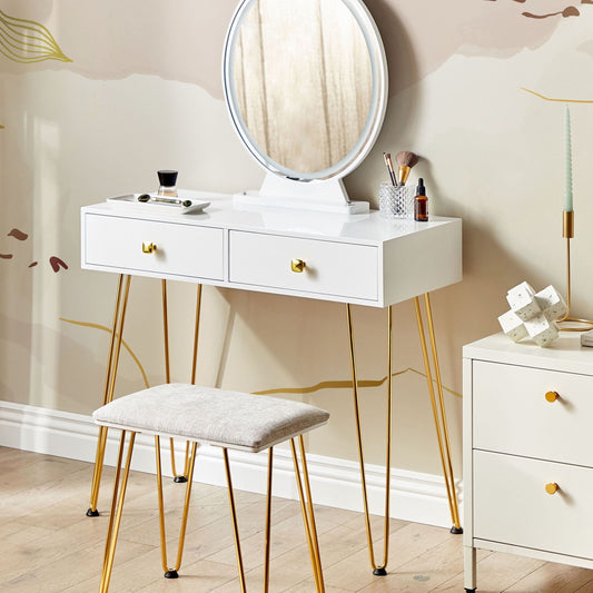 Luxe Living Dressing Table White And Gold MDF With LED Mirror 2 Drawers Glam Furniture