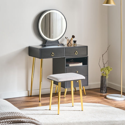 Glam Design Dressing Table Black And Gold MDF 6 Drawers LED Mirror