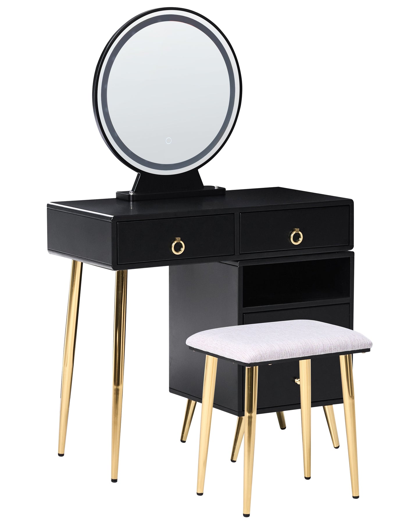 Glam Design Dressing Table Black And Gold MDF 6 Drawers LED Mirror