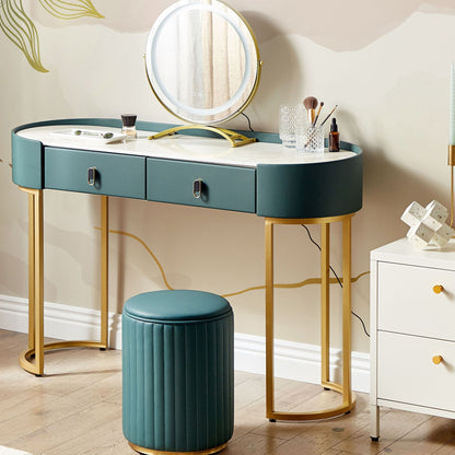 Glam Design Dressing Table Green And Gold MDF With LED Mirror 2 Drawers Vintage Glam Console For Living Room