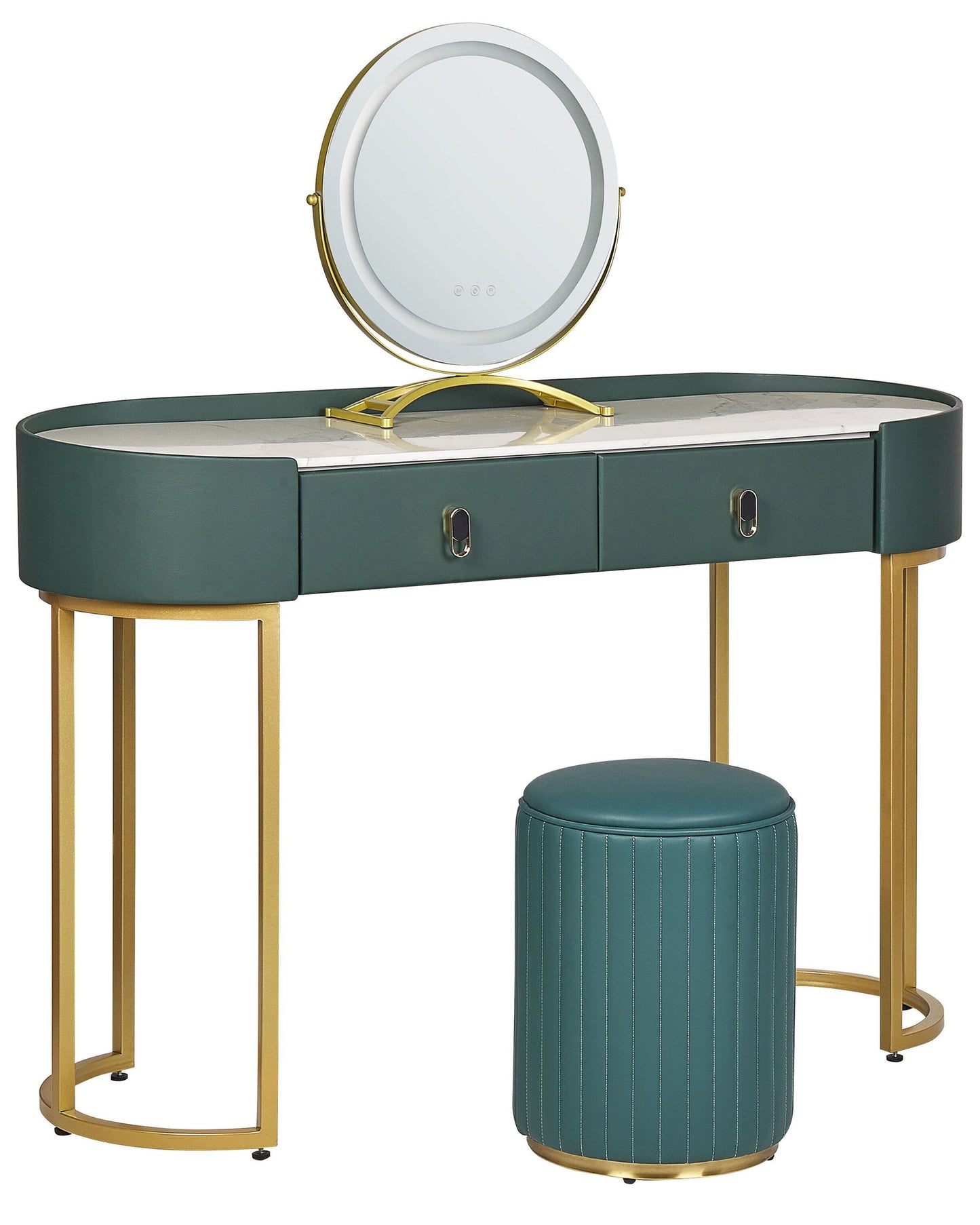 Glam Design Dressing Table Green And Gold MDF With LED Mirror 2 Drawers Vintage Glam Console For Living Room