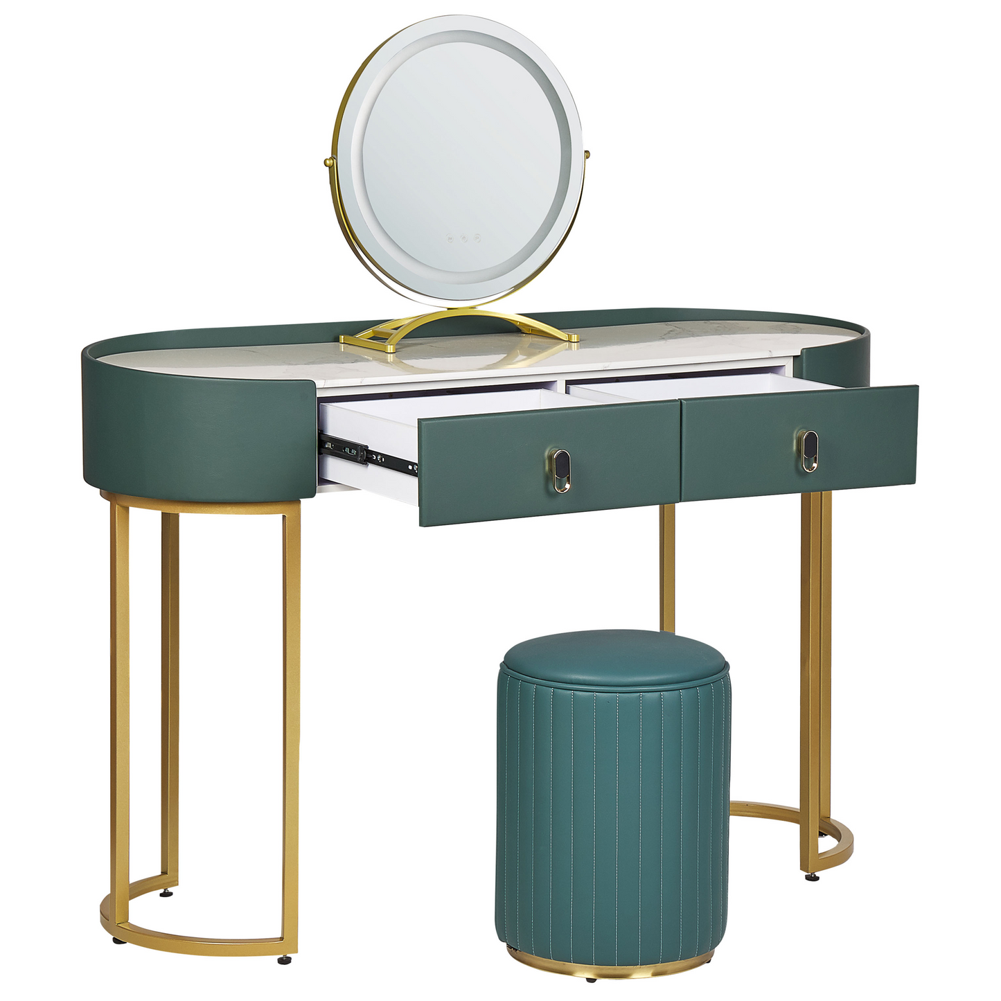 Glam Design Dressing Table Green And Gold MDF With LED Mirror 2 Drawers Vintage Glam Console For Living Room