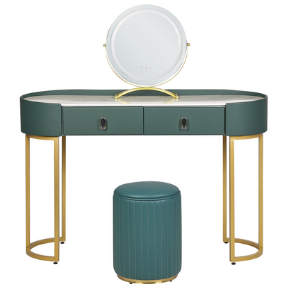 Glam Design Dressing Table Green And Gold MDF With LED Mirror 2 Drawers Vintage Glam Console For Living Room