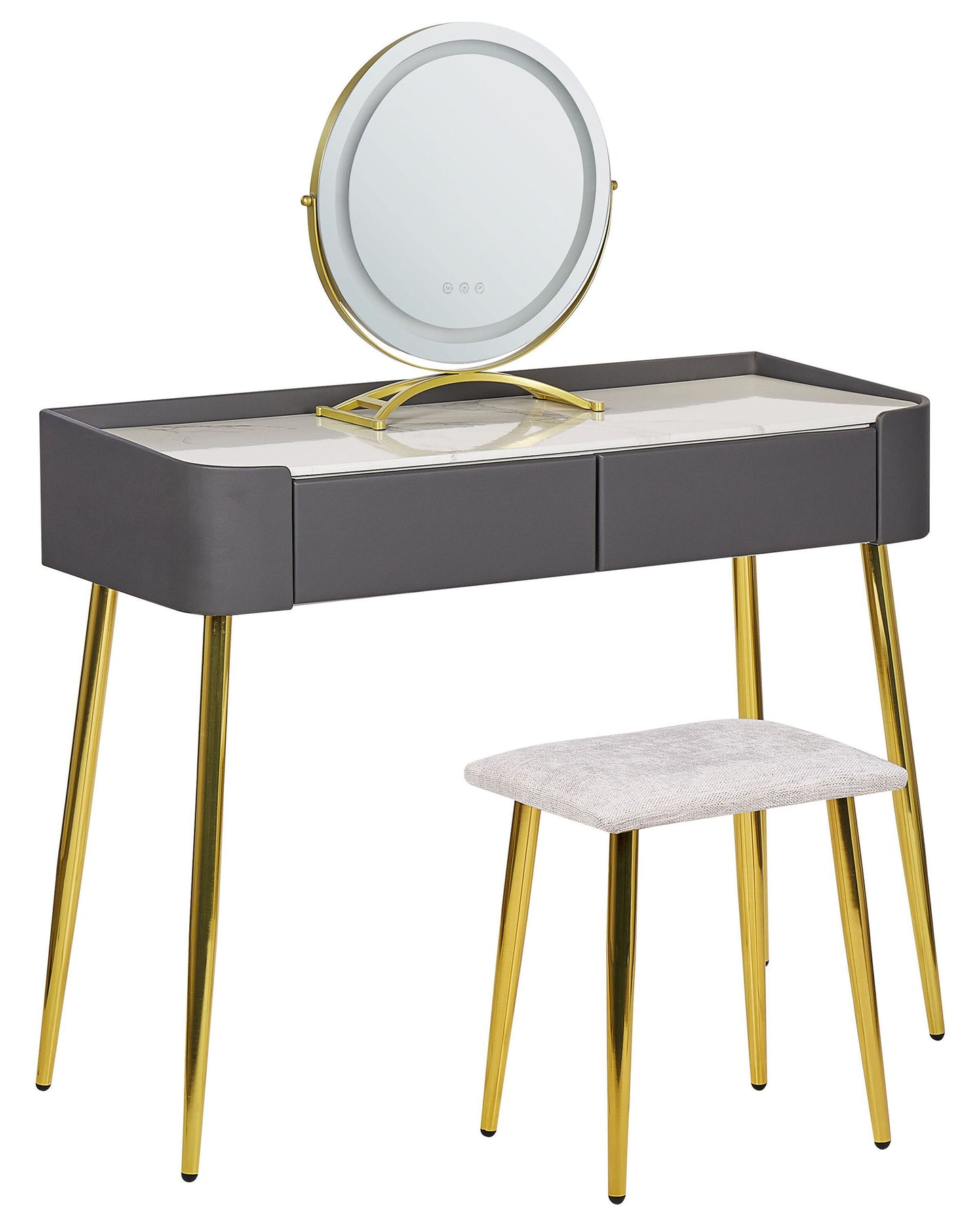 GlamourHome Dressing Table Grey Gold MDF LED Mirror 2 Drawers Stool