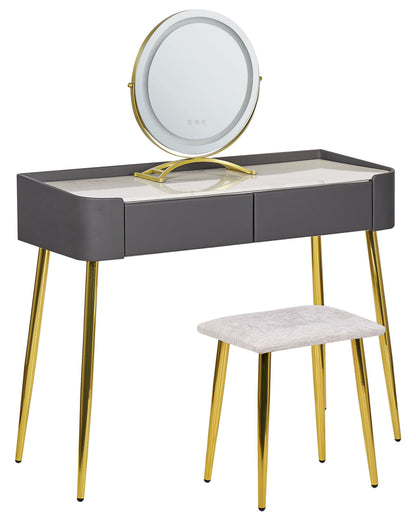 GlamourHome Dressing Table Grey Gold MDF LED Mirror 2 Drawers Stool