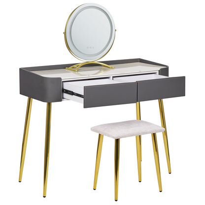GlamourHome Dressing Table Grey Gold MDF LED Mirror 2 Drawers Stool