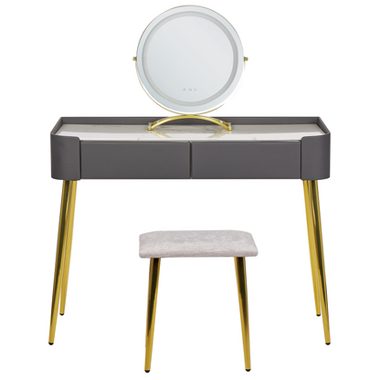 GlamourHome Dressing Table Grey Gold MDF LED Mirror 2 Drawers Stool