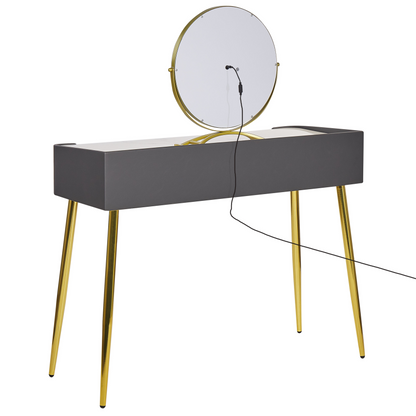 GlamourHome Dressing Table Grey Gold MDF LED Mirror 2 Drawers Stool