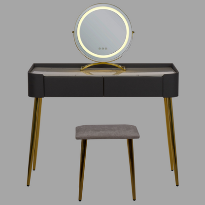 GlamourHome Dressing Table Grey Gold MDF LED Mirror 2 Drawers Stool