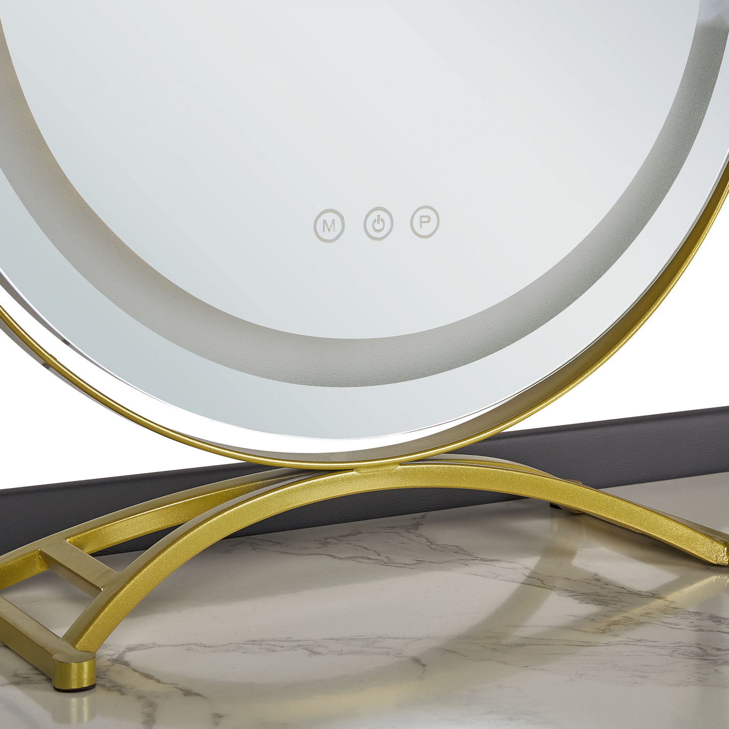 GlamourHome Dressing Table Grey Gold MDF LED Mirror 2 Drawers Stool