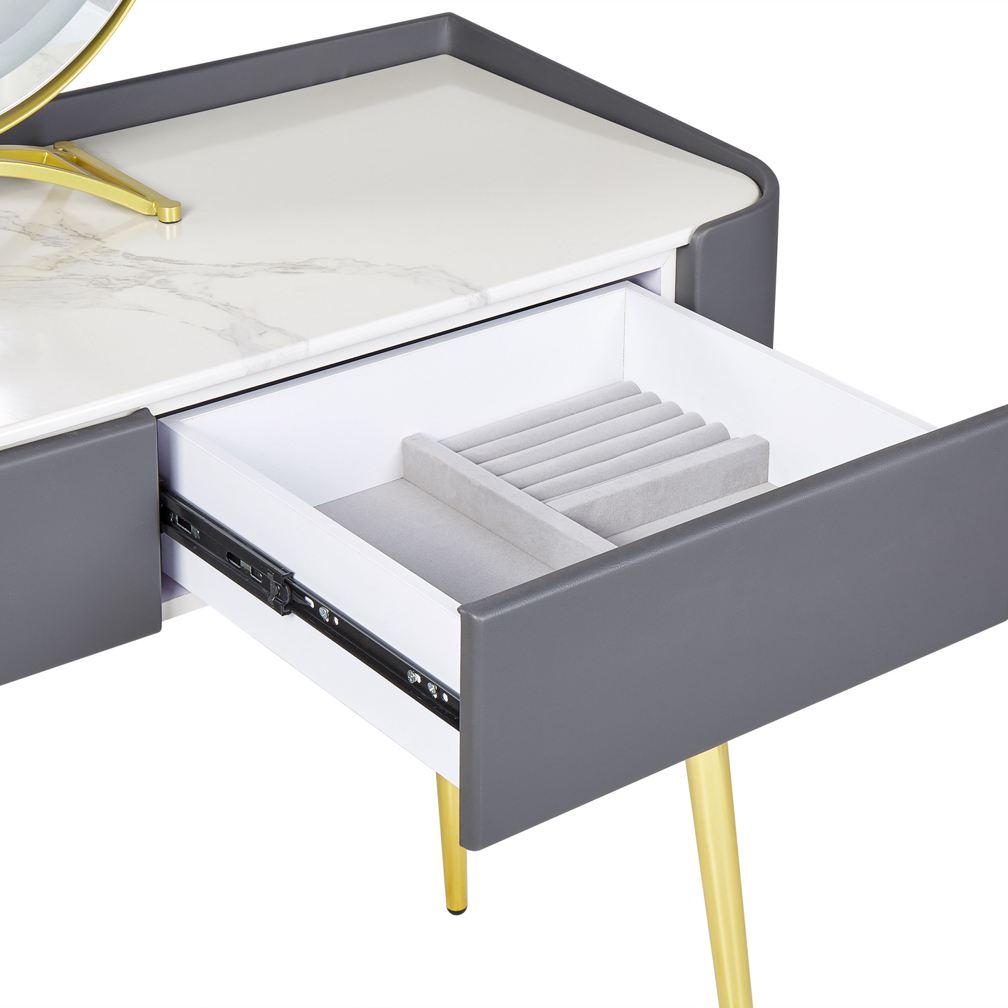 GlamourHome Dressing Table Grey Gold MDF LED Mirror 2 Drawers Stool