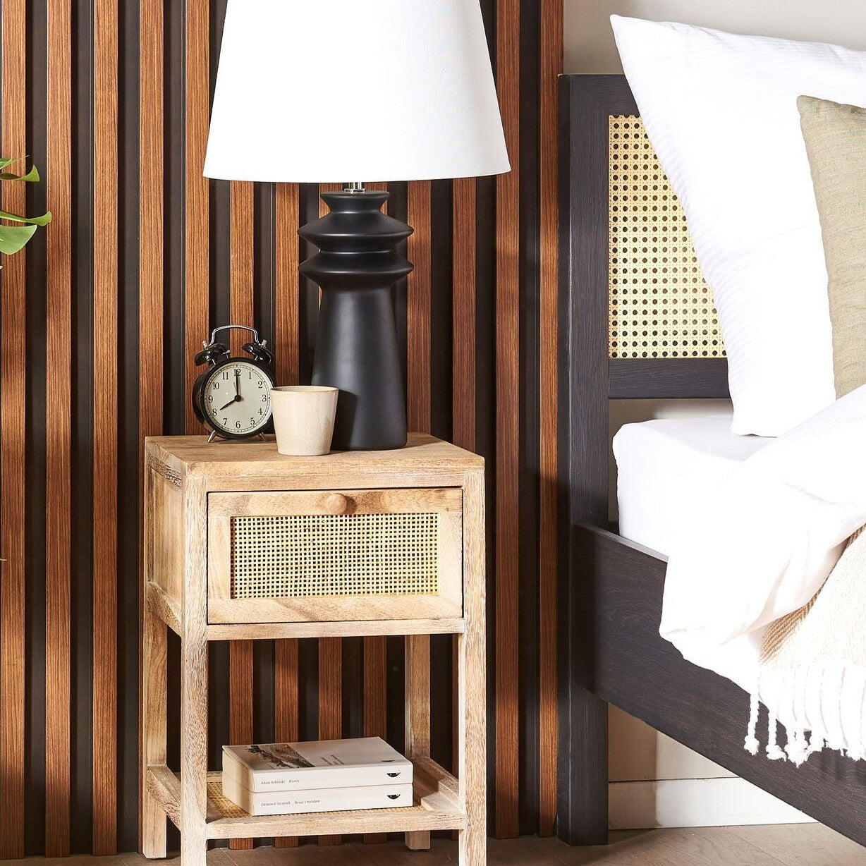 Paulownia 1 Drawer Bedside Table Brown Rattan Front