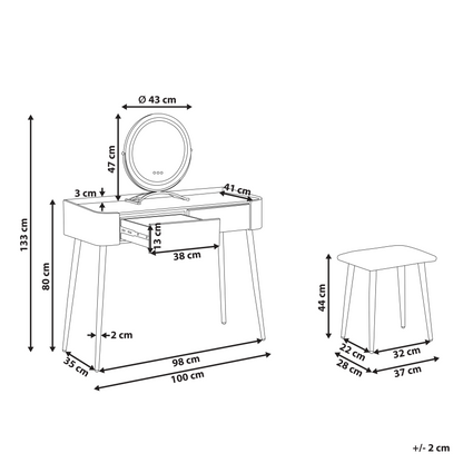 GlamourHome Dressing Table Grey Gold MDF LED Mirror 2 Drawers Stool
