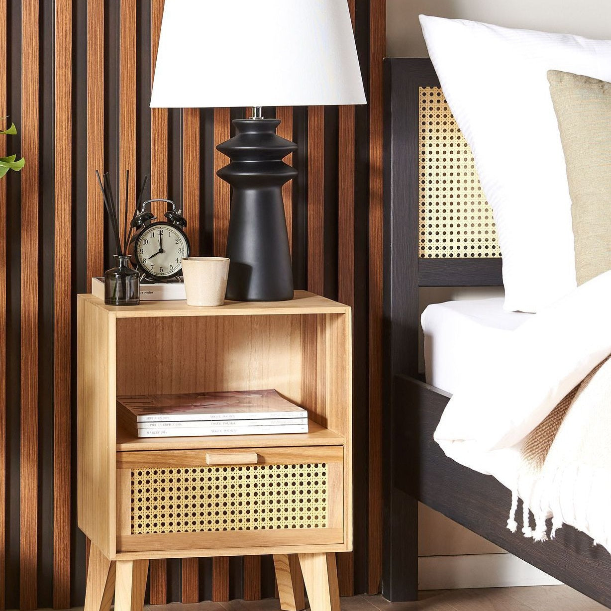 Bedsie 1 Drawer Bedside Table Light Brown Paulownia With Rattan Front Drawer Boho Nightstand