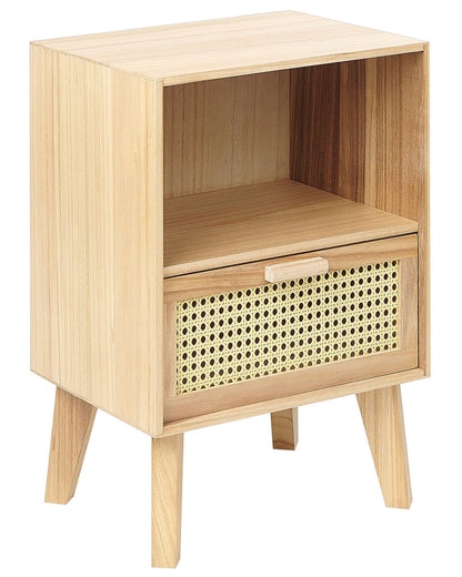 Bedsie 1 Drawer Bedside Table Light Brown Paulownia With Rattan Front Drawer Boho Nightstand
