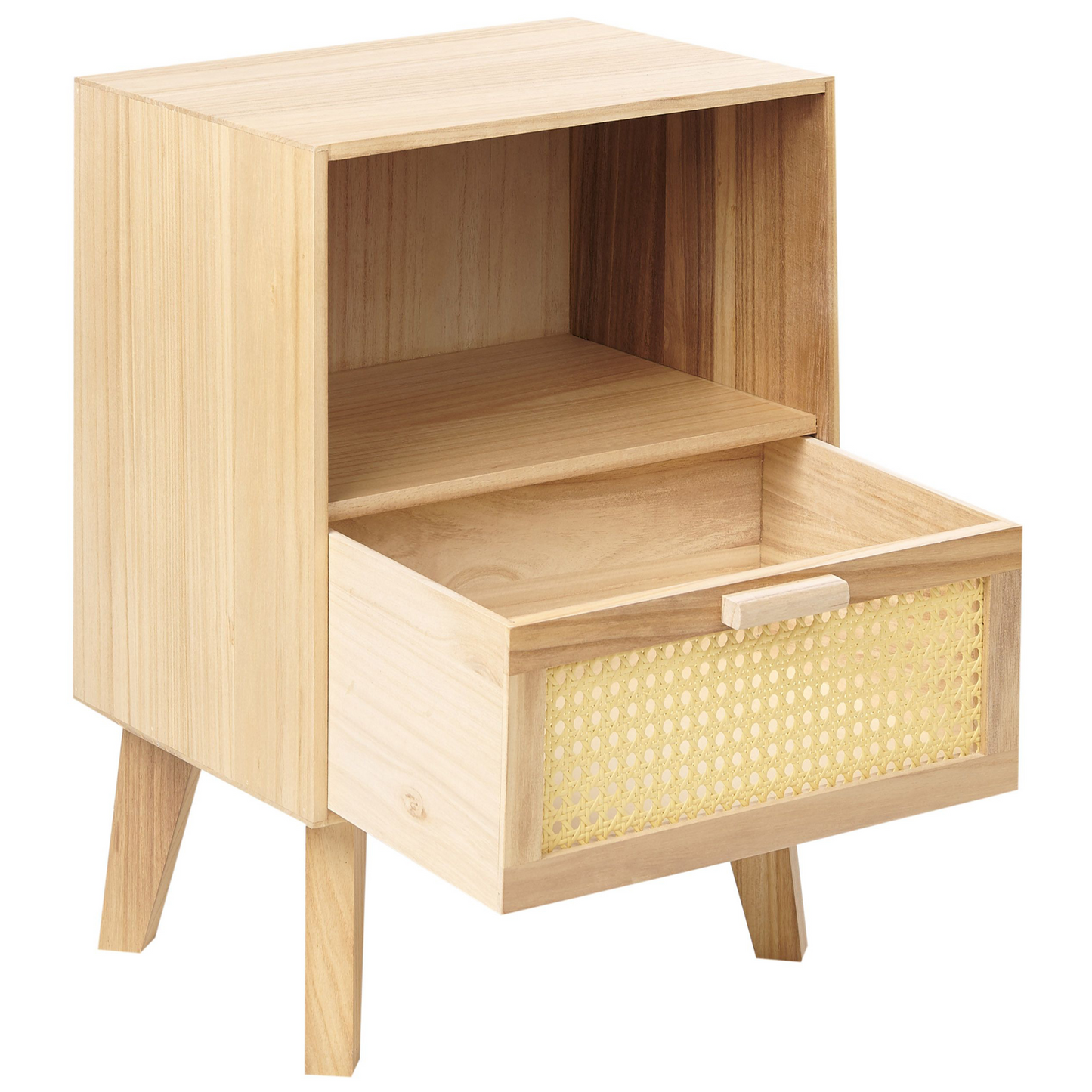 Bedsie 1 Drawer Bedside Table Light Brown Paulownia With Rattan Front Drawer Boho Nightstand