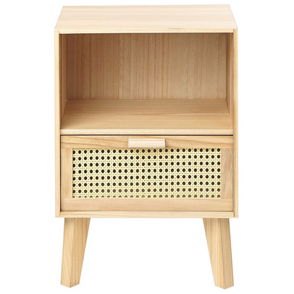 Bedsie 1 Drawer Bedside Table Light Brown Paulownia With Rattan Front Drawer Boho Nightstand