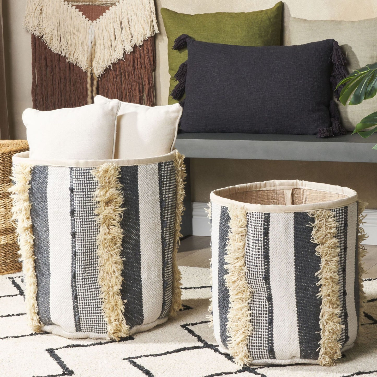 Cotton Storage Baskets Set Of 2 Beige Grey 40 45cm