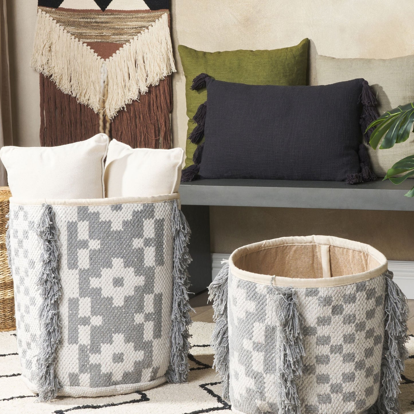 Cotton Storage Baskets Set Of 2 Off White Grey 40/45cm