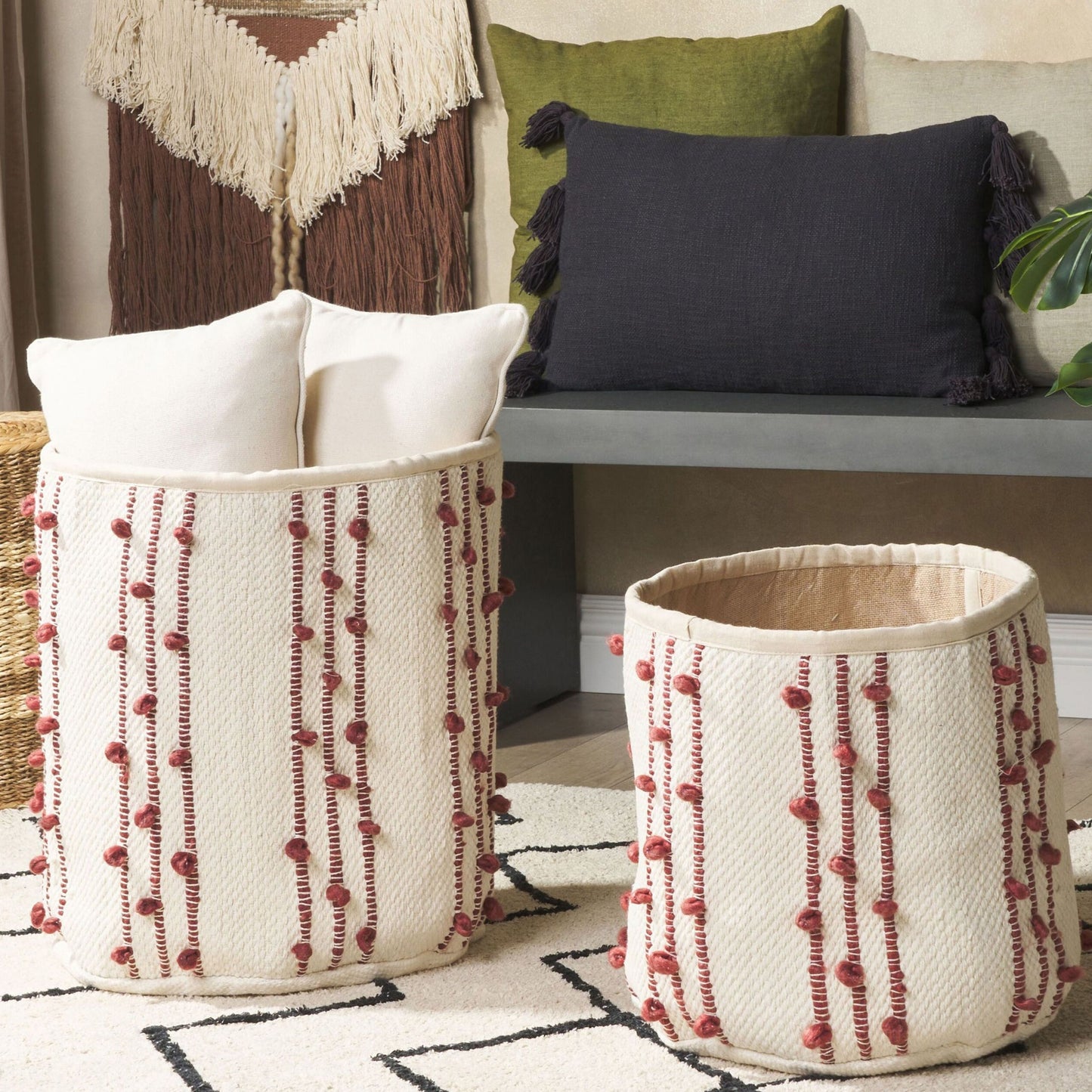 Set Of 2 Cotton Storage Baskets Beige Red Striped 40 45cm