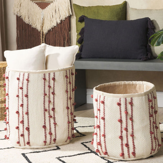 Set Of 2 Cotton Storage Baskets Beige Red Striped 40 45cm
