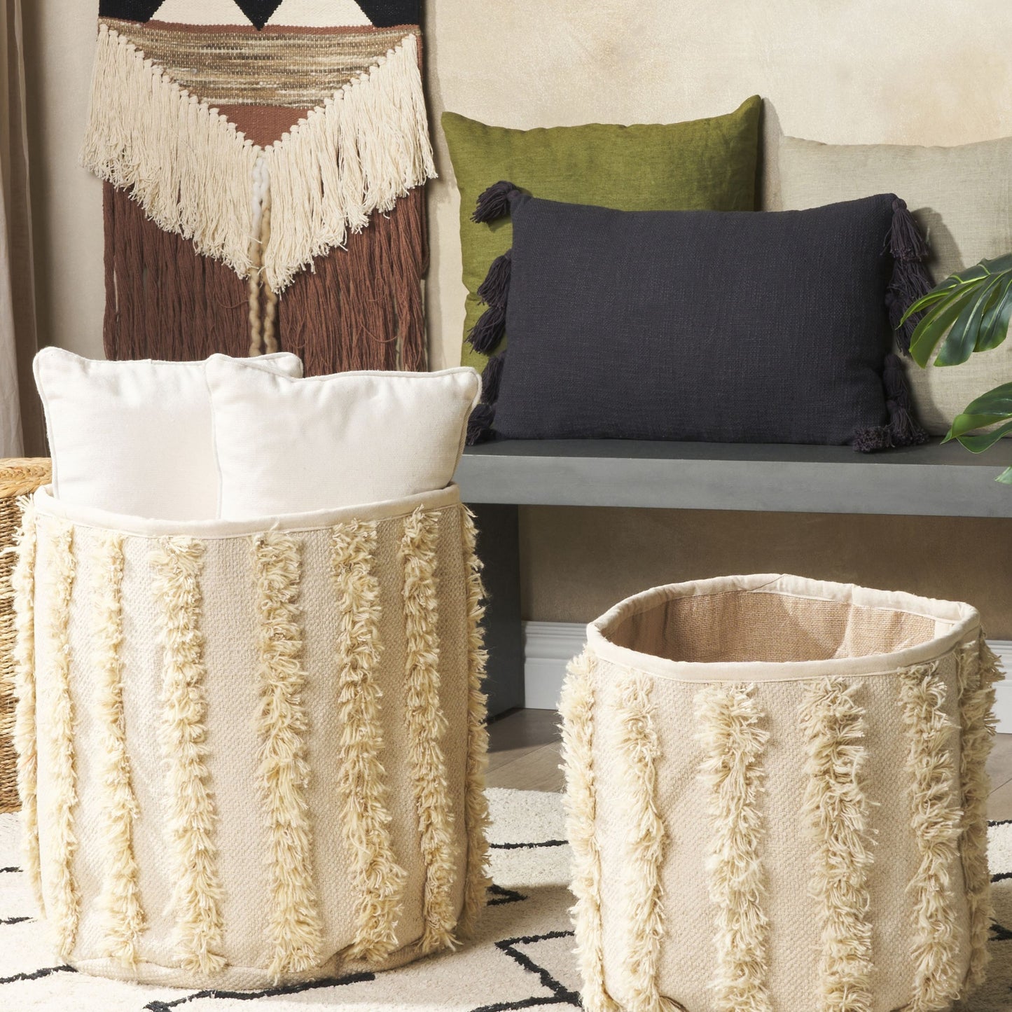Set of 2 Storage Boxes Beige Cotton Laundry Baskets 40 45cm