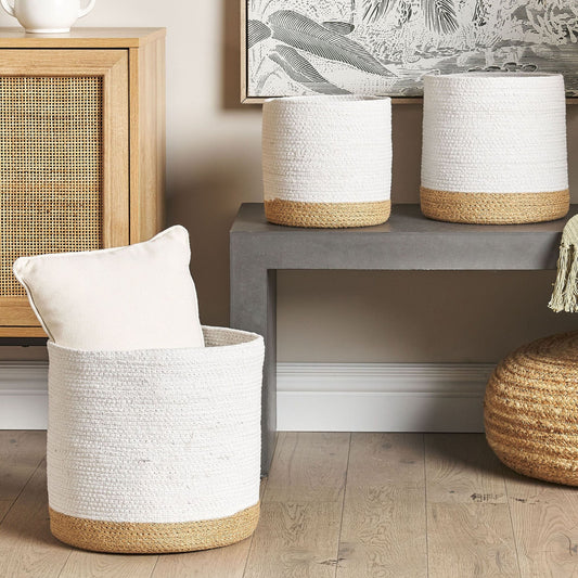 Boho Cotton Jute Storage Baskets Set Of 3 White Natural