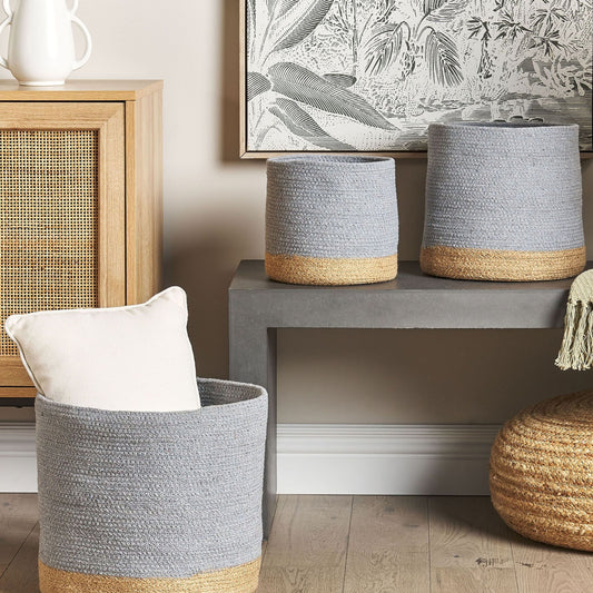 Boho Two Tone Cotton Jute 3 Piece Storage Baskets Grey