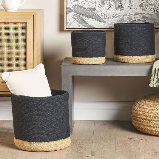 Set Of 3 Cotton Jute Storage Baskets Black And Natural