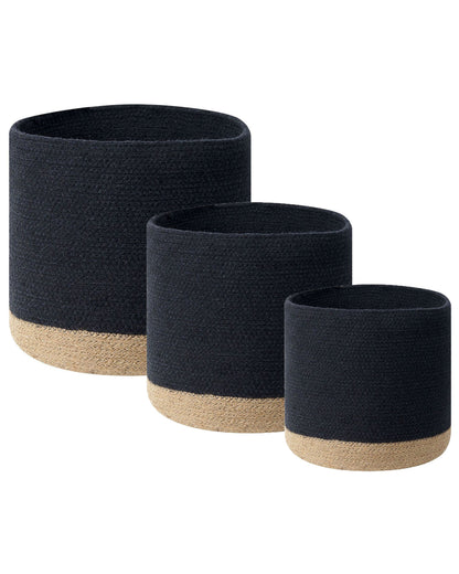 Set Of 3 Cotton Jute Storage Baskets Black And Natural