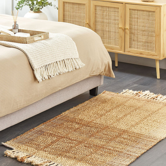 Jute Area Rug 80 x 150 Beige Fringed Handwoven