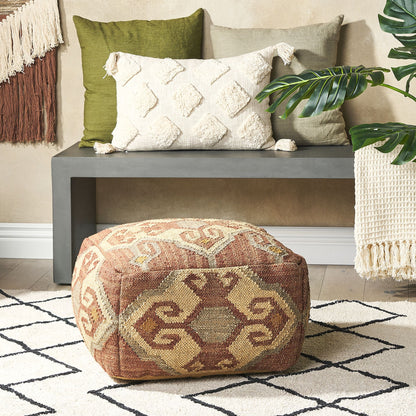 Pouffe Multicolour Jute Wool 50 x 50 x 30cm Boho Footstool