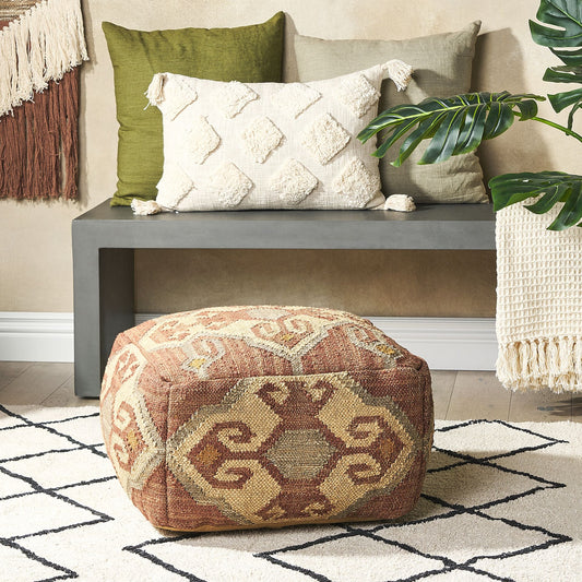 Pouffe Multicolour Jute Wool 50 x 50 x 30cm Boho Footstool