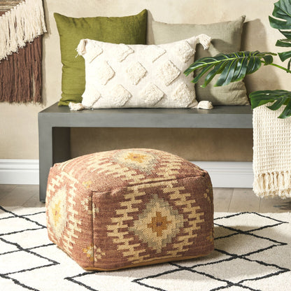 Multicolour Pouffe 50 x 50 Jute Wool Geometric Boho