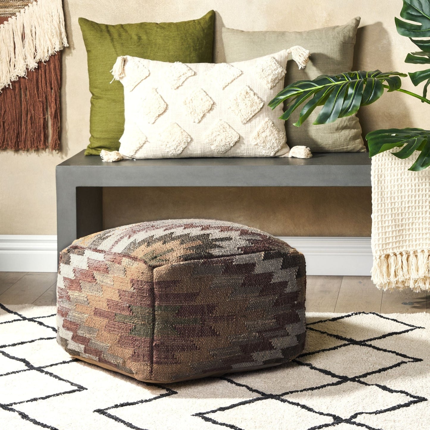 Multicolour Jute Wool Pouffe 50 x 50 x 30cm Geometric Pattern Upholstered Footstool