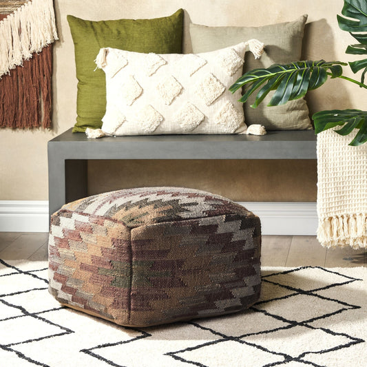 Multicolour Jute Wool Pouffe 50 x 50 x 30cm Geometric Pattern Upholstered Footstool