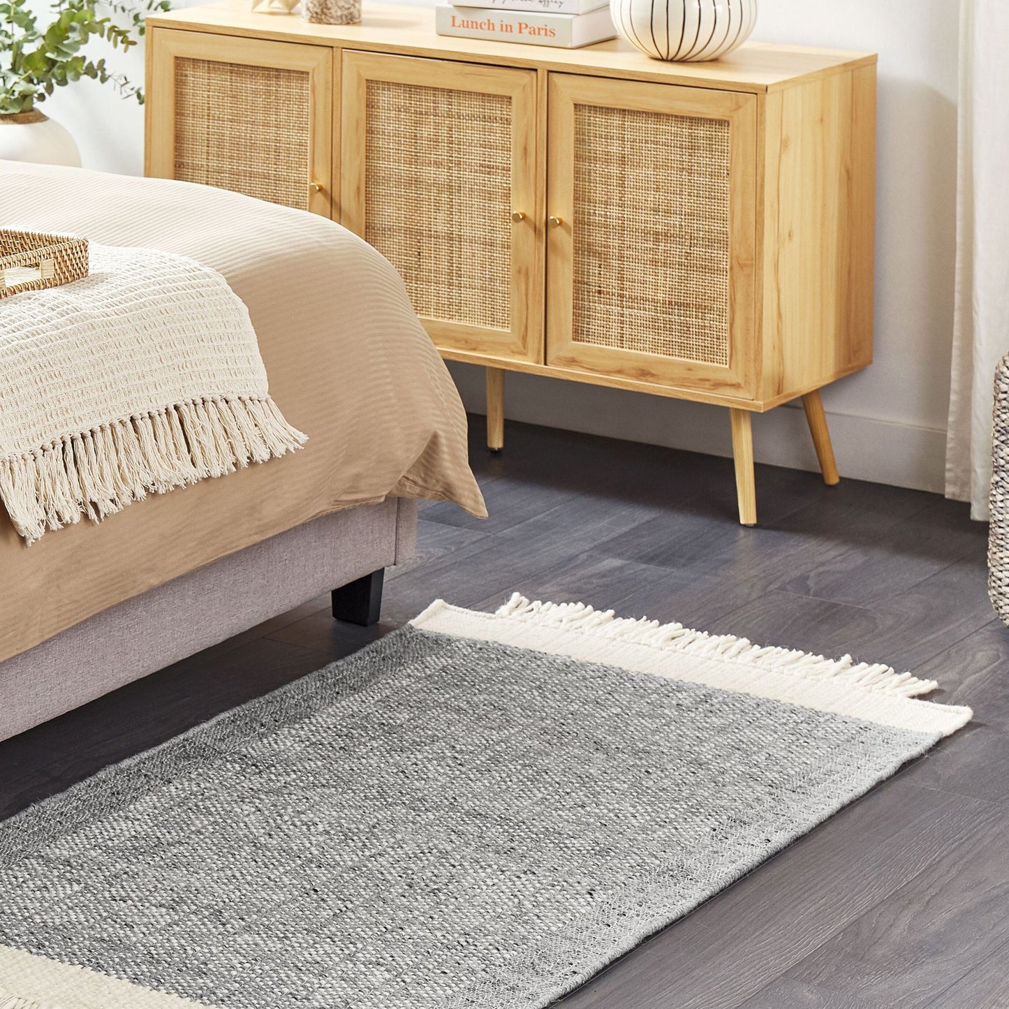 Grey And Off White Wool Area Rug 80 X 150cm Handwoven Modern Design Premium Quality