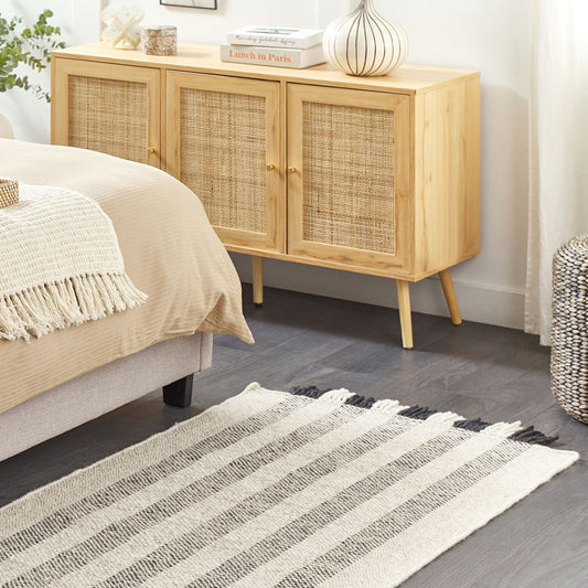 Area Rug Off-White And Black Wool 80 x 150 Tassel Handwoven