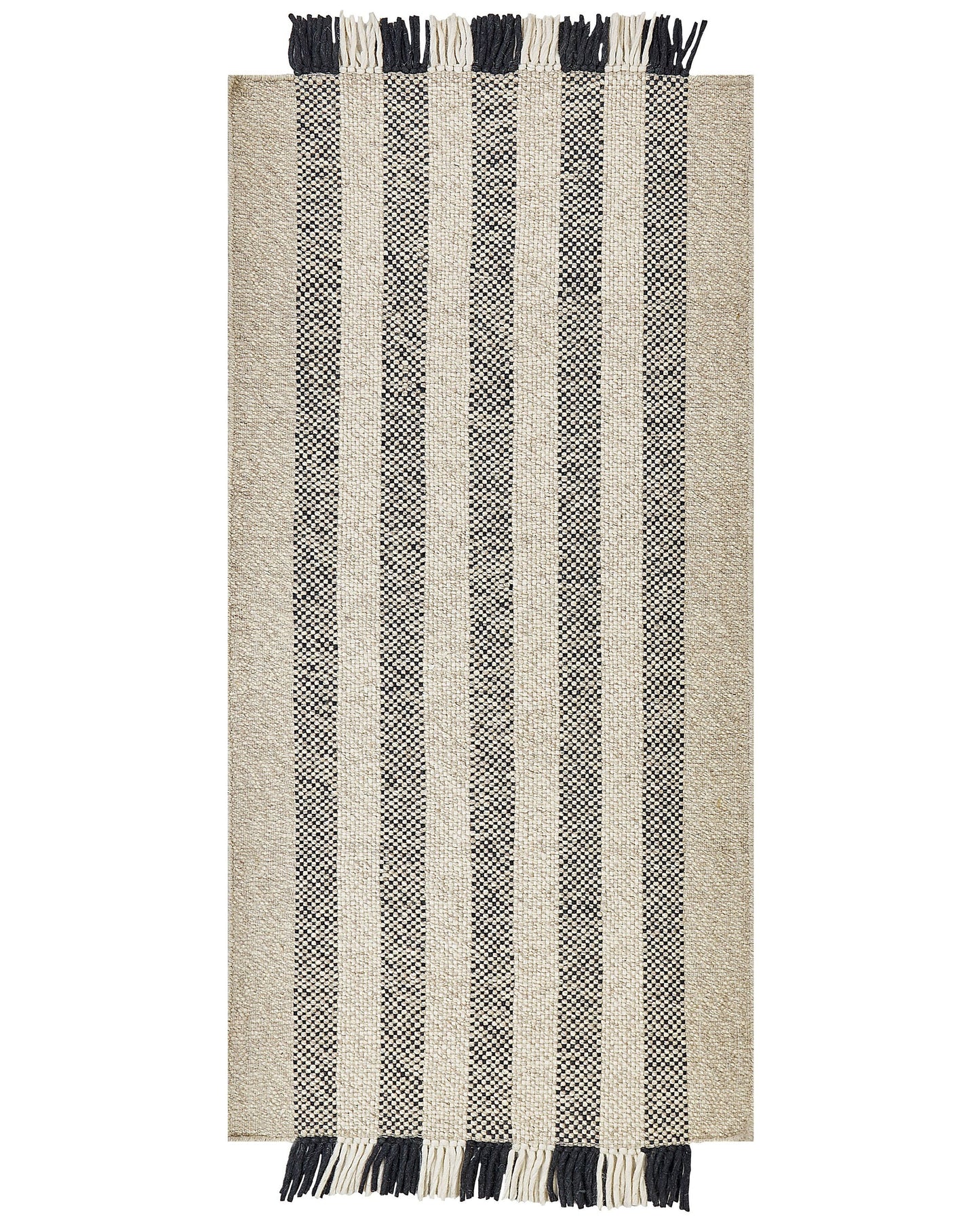 Area Rug Off-White And Black Wool 80 x 150 Tassel Handwoven