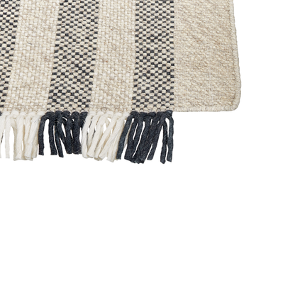 Area Rug Off-White And Black Wool 80 x 150 Tassel Handwoven