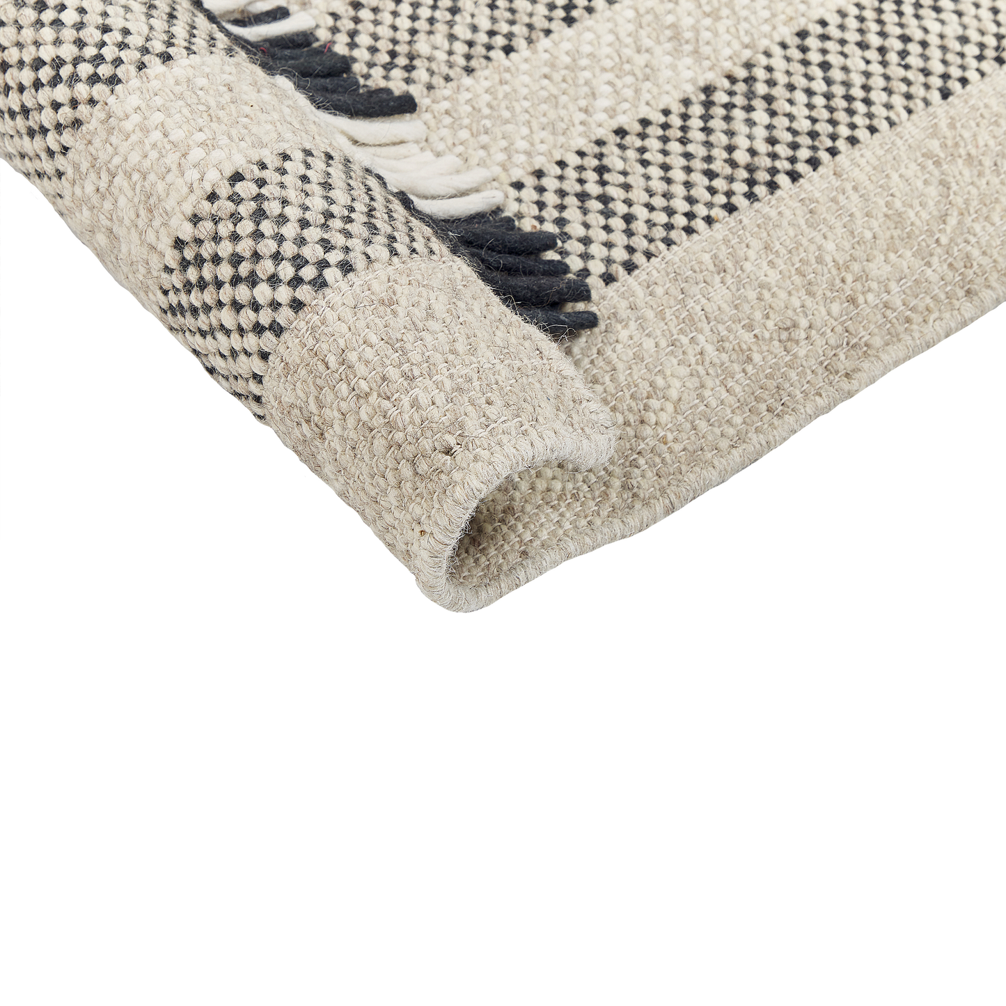 Area Rug Off-White And Black Wool 80 x 150 Tassel Handwoven