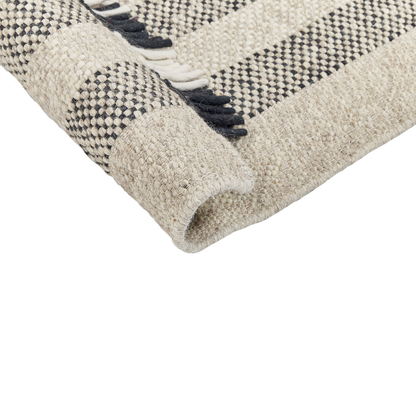 Area Rug Off-White And Black Wool 80 x 150 Tassel Handwoven