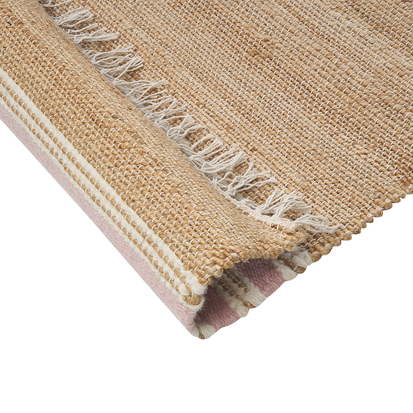 Jute Dhurrie Rug 80 x 150 Beige Pink Tassels Handwoven Striped