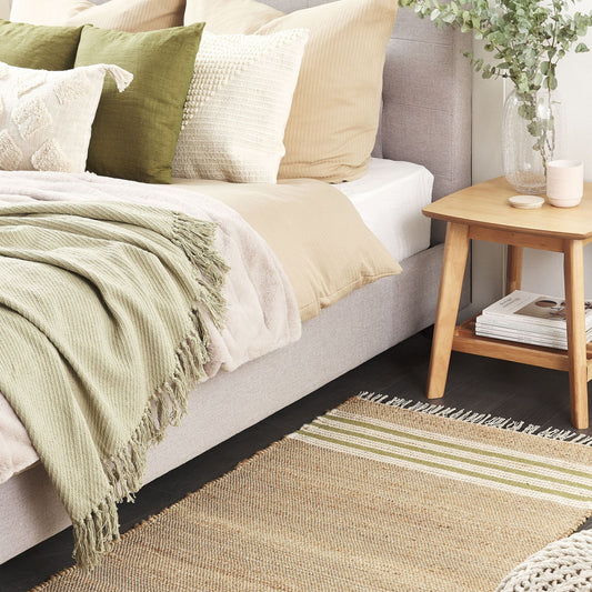 Beige and Green Jute Dhurrie Rug 80 x 150cm Handwoven Boho Tassels