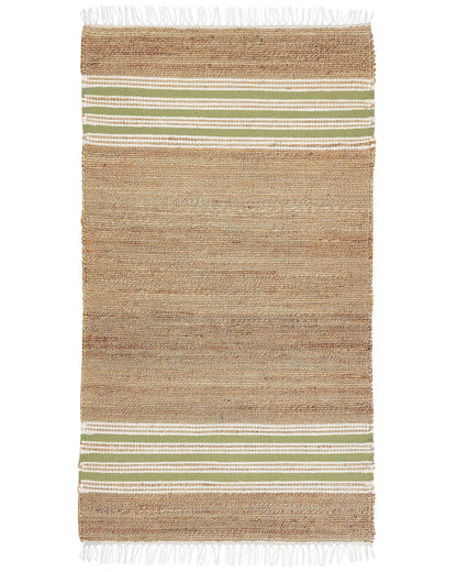 Beige and Green Jute Dhurrie Rug 80 x 150cm Handwoven Boho Tassels