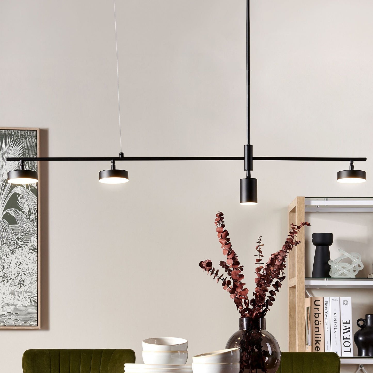 Black Metal 4-Light Track LED Hanging Lamp for Kitchen